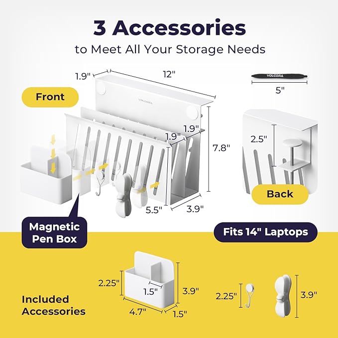 Volcora Side Storage Under Laptop Holder, No Drill Organizer With Magnetic Pen Box, Cable Clamp, Hanging Mount File Holder for Office and Home, 2 Tier White