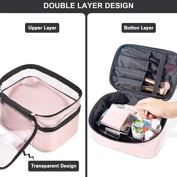 FITINI 3 Pieces Makeup Bags Double Layer Travel Large Cosmetic Cases Organizer Toiletry Bags Waterproof Small Zipper Pouch for Women Makeup Brush Storage Bag,Pink