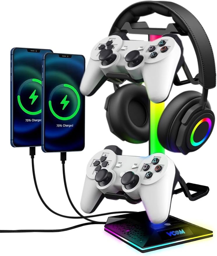 VCOM RGB Gaming Headphones Stand with 2 USB and 1 Type-C Ports, Headset Stand with 10 Light Modes and Non-Slip Rubber,Suitable for All Earphone Accessories, Best Gift for Desk Gamers