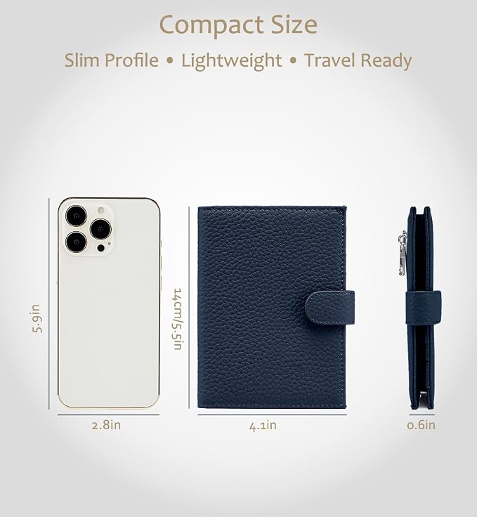 RFID Blocking Leather Passport Holder for Travel Women & Men | Slim Passport Wallet for Womens with Card Slots, Zippered Coins Pocket and Cash Holder, Gift Box Ready (Sapphire Blue)