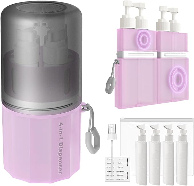 4 in 1 Travel Dispenser Bottle, TSA Approved Refillable Shampoo and Conditioner Bottles Set with Suction Cup for Smooth Walls, Travel Size Toiletries Container for Body Wash/Lotion.(Pink)