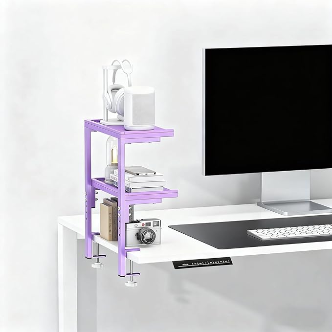 Spacrea clamp on Desk Shelf, 2 Tier Office Desk Shelves Organizer, Wood Desktop Supplies Storage Rack, Desk Organizers and Accessories (Purple)