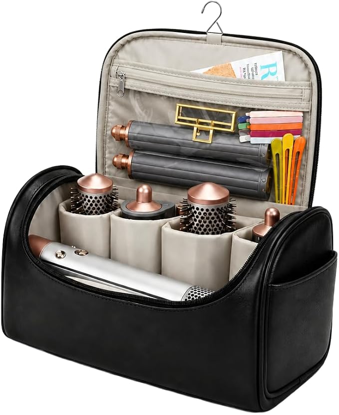 Leather Travel Case for Dyson Airwrap, Portable Storage Bag Designed Specifically for Dyson Airwrap All Series,Shockproof Organizer with Metal Hanging Hook