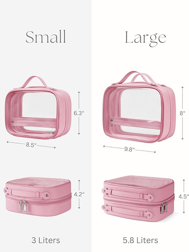 Clear Cosmetic Bag Double Layer Travel Toiletry Bag Clear Makeup Bag Case with 4 Compartments, Transparent Travel Bag for Toiletries, Large Toiletry Bag for Women Cosmetic Case (Pink, Small)