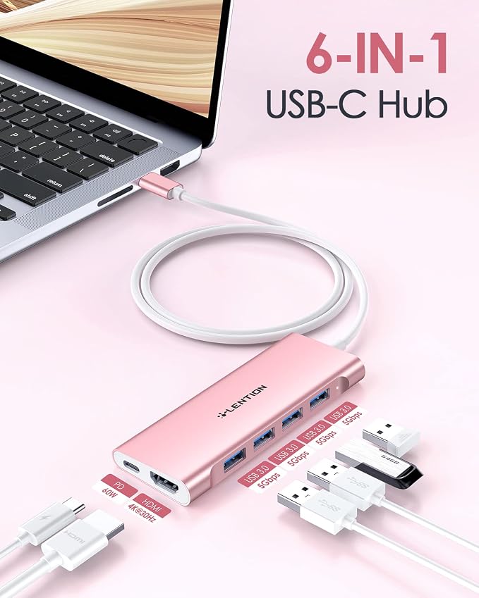 LENTION 3.3FT Long Cable USB C Hub with 4K HDMI, 100W PD Charging, 4 USB 3.0 Port & LED Indicator for MacBook Pro/Air, Dell XPS, HP, Chromebook, More, Stable Driver Adapter (C35-1M, Rose Gold)