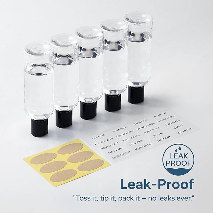 Travel Bottles for Toiletries 3.4 oz TSA Approved - 5 Pack Leak Proof Travel Size Containers, Clear Squeezable Plastic Bottles with Labels for Shampoo Lotion, Flight Cruise Gym Essentials