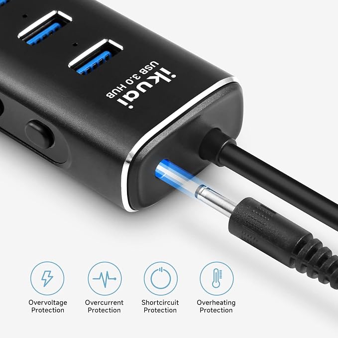 Powered USB 3.0 /USB C Hub, ikuai Aluminium 7-Port USB Hub Splitter with AC Adapter LED Individual On/Off Switches and 3.3ft Extended Long Cable for Laptop, Mac, PC, Flash Drive, Mobile HDD