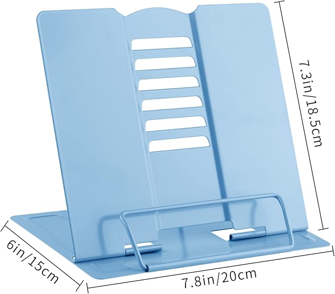 MSDADA Desk Book Stand Metal Reading Rest Book Holder Adjustable Cookbook Documents Holder Bookstands for Recipes Textbook Music Books, the First Day of School Gift for Students, Teachers (Light Blue)