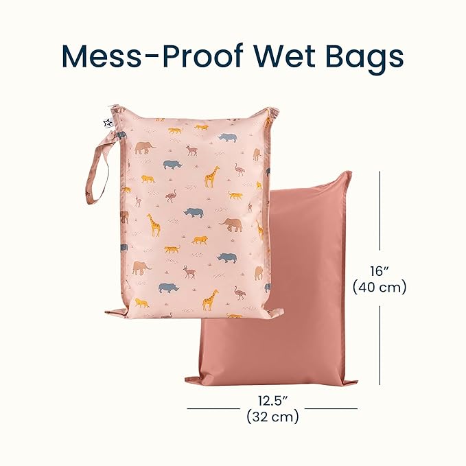 Tiny Twinkle Mess Proof Wet Bags | 2-Pack Reusable Waterproof Wet Bags for Swimsuits | Baby Clothes | Travel & Diaper Bag (Petite Safari)