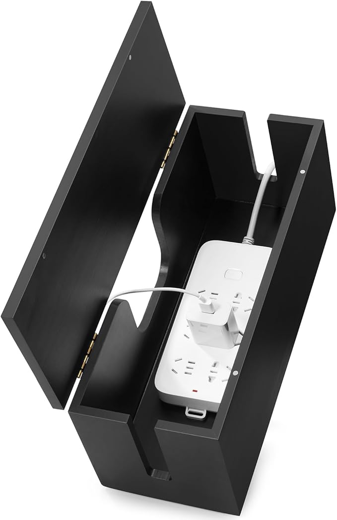 Large Cable Management Box - Wood Cable Organizer Box and Power Strip Box for Electrical Cord Management - Hide Desk Cord and Floor Cables - Wire Storage and Organization for Cords, Black