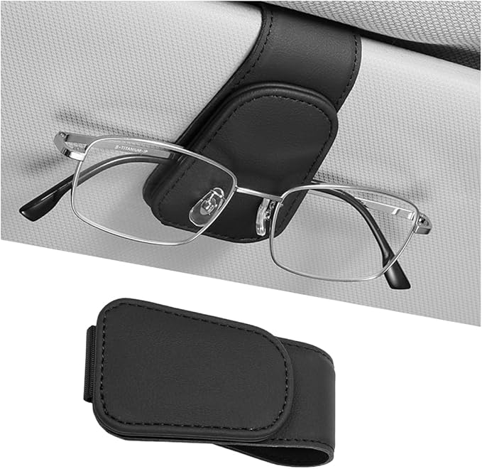 Sunglasses Holder for Car Visor, Microfiber Leather Magnetic Sun Visor Eyeglasses Hanger & Ticket Card Clip, Multi-Function Automotive Interior Glasses Mount, Universal Fit (Black)