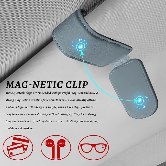 Sunglass Holder for Car, Car Sunglass Holder, Magnetic Leather Sunglasses Holder and Ticket Card Clip, Auto Multi-Functional Sun Visor Eyeglass Holders for SUV Pickup Truck (Light Grey)