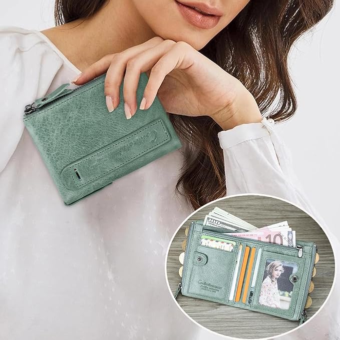 CONTACTS Soft Leather Wallet for Women and Men Small Bifold Coin Purse Double Zipper Card Holder RFID Blocking (Matcha Green)