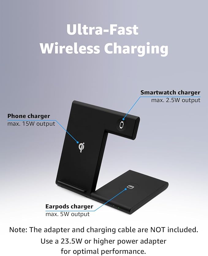 3 in 1 Foldable Wireless Charging Station for Apple Devices, 15W Fast Wireless Charger Stand for iPhone 17/16/15/14/13 /Plus/Pro/Pro Max/12/11, Apple Watch 10/9/8/7/Ultra2/Ultra/SE, AirPods 4/3/2/Pro