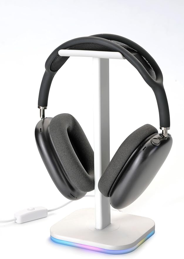 RGB Headphone Stand for Gaming – Modern Aluminum Headset Holder for Desk - Sleek Display for Over-Ear Headphones (Accessory )– Gift for Boys- White