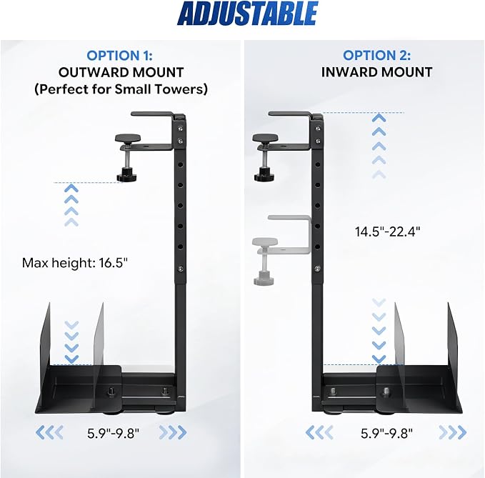 TooCust Adjustable Under Desk PC Mount, Heavy Duty No Drilling Clamp Mount on Desk Fits Most PC Tower 14.5”-22.4” (H) , Thickened & Ultra Strong CPU Holder for Standing Desk & Home Office, Black