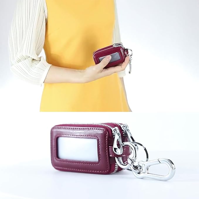 Car Key Chain Bag Double Zipper Leather Protection Key Coin Holder Keyring with Transparent Window