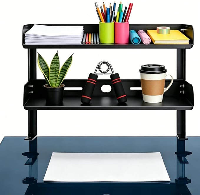 Yuxh Clamp On Desk Shelf 2 Tier Cilp Under Table Organizer, Black-L, 16 inch