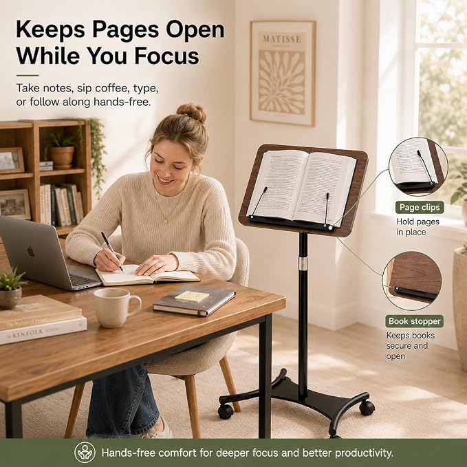 2-in-1 Rolling Book Stand, Floor & Desktop Book Holder for Heavy Books | Hands-free read | Lockable wheels | Cozy movable study setup | Up to 57 in | One stand, two ways to use | 360° Rotating Panel