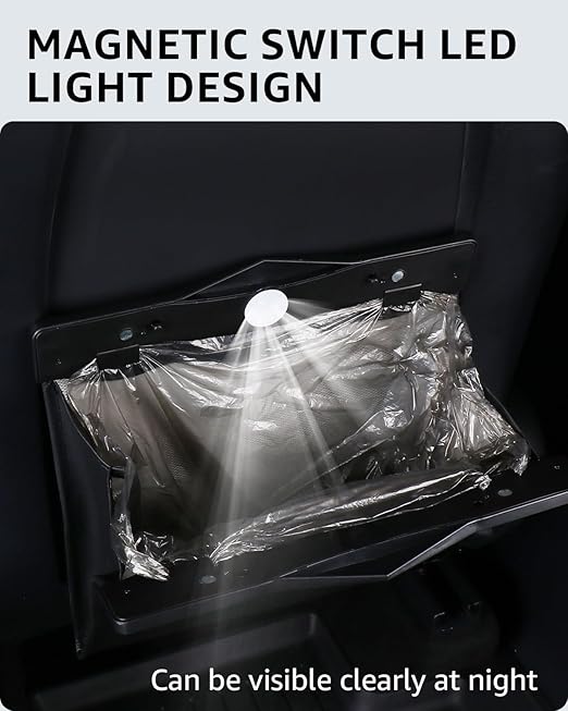Motrobe Trash Can for Tesla Model 3 2017-2023 Garbage Bag [Strong Magnetic Buckle] with LED Light 1PCS Backseat Hanging Garbage Bin Waterproof Faux Leather Model 3 Interior Accessories 2.5 Gallons