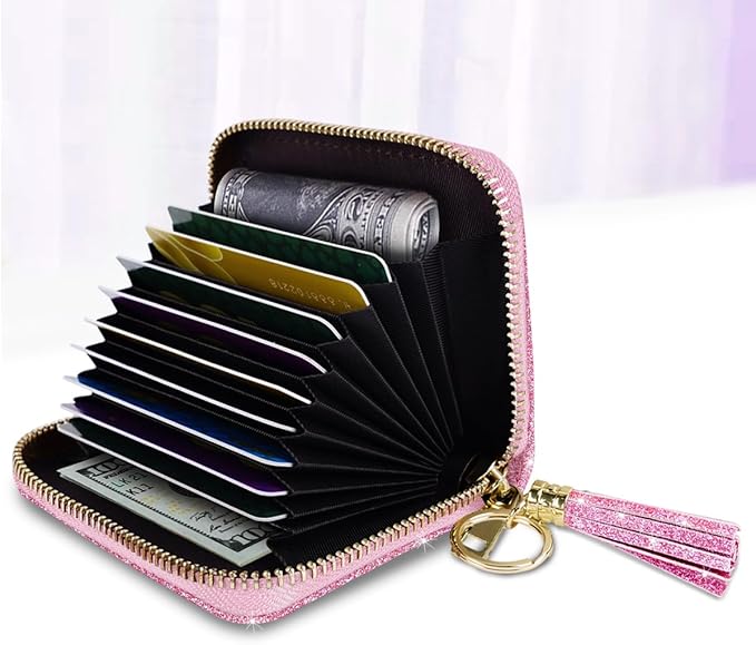 Coco Rossi Women's Small Credit Card Wallet RFID Cute Card Holder for Women with Tassel, Peach Glitter