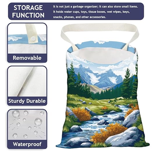 Mountain Forest River View Car Trash Bag Portable Hanging Garbage Bag with Snap Buttons Back Seat Rubbish Storage Dustbin for Women Man Car Interior Accessories Kitchen Home Travel