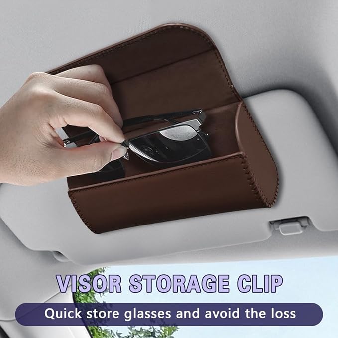 Sunglasses Holder for Car Sun Visor, Sunglass Organizer for Car, Magnetic Leather Eyeglasses Protective Storage Case, Waterproof Glasses Organizer Visor Accessories for Vehicles (Brown)