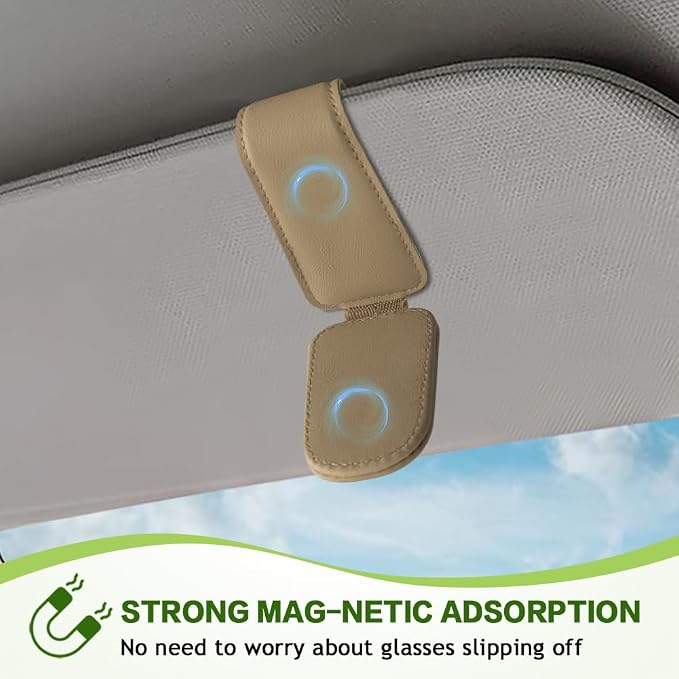 Sunglass Holder for Car, Sunglasses Clip for Car Visor, Magnetic Leather Vehicle Eyeglass Hanger Clip, Auto Ticket Card Glasses Organizer Clamp Accessories for SUV Sedan (Beige)