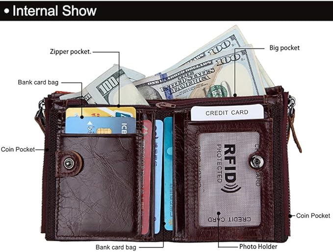 Men's Folding Double Zip Wallet RFID Blocks Retro Short Coin Purse