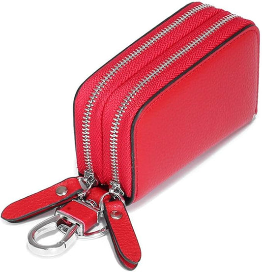 Key Fob Case Genuine Leather, Double Zipper Car Key Holder & Key Wallet with Keychain, Key Pouch for Purse Gift