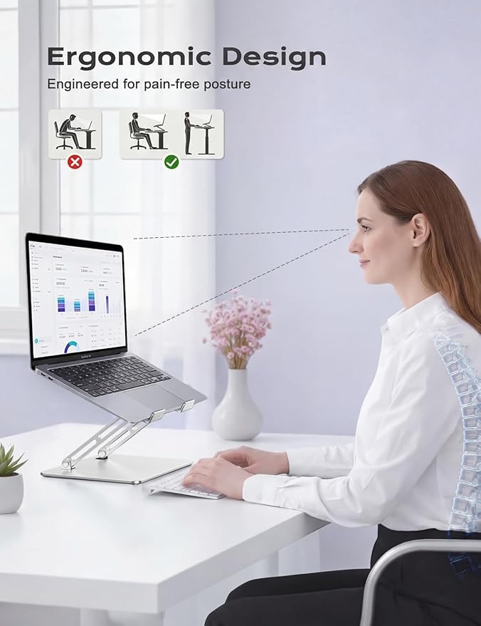 LOXP Adjustable Laptop Stand, Portable Laptop Riser, Aluminum Laptop Stand for Desk Foldable, Ergonomic Computer Notebook Holder for Desk, Office Desk Accessories (10-15.6'')- Silver