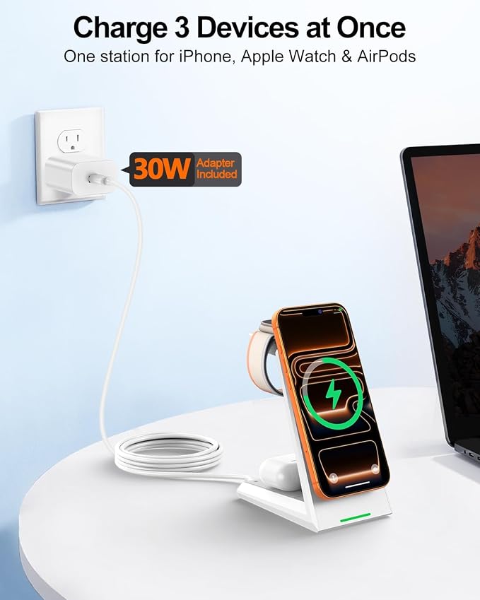3 in 1 Magnetic Wireless Charging Station - 15W Fast Charging for iPhone 17/16/15/14/13/12, Compatible with MagSafe, for Apple Watch & AirPods, Auto-Dimming Light for Nightstand, Includes 30W Adapter