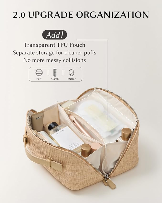 EACHY Travel Makeup Bag, Large Capacity Cosmetic Bag for Women, Waterproof PU Leather, Flat Open Portable Toiletry Bag for Skincare, Brushes & Travel Essentials