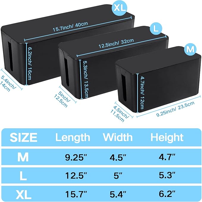 Cable Management Box, 3 Pack Cord Organizer Boxes with 33 PCS Cable Management Set to Cover Hide Power Strip, Surge Protector Under Desk & on Floor, Wire Concealer for Home Office Computer TV (Black)