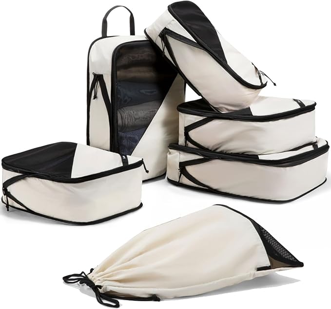 LUGGEX Compression Packing Cubes for Travel, 6 Set Lightweight Luggage Organizer Bags with Shoe Bag, Space Saving Suitcase Packing Cubes for Carry-On (POX01, Beige)