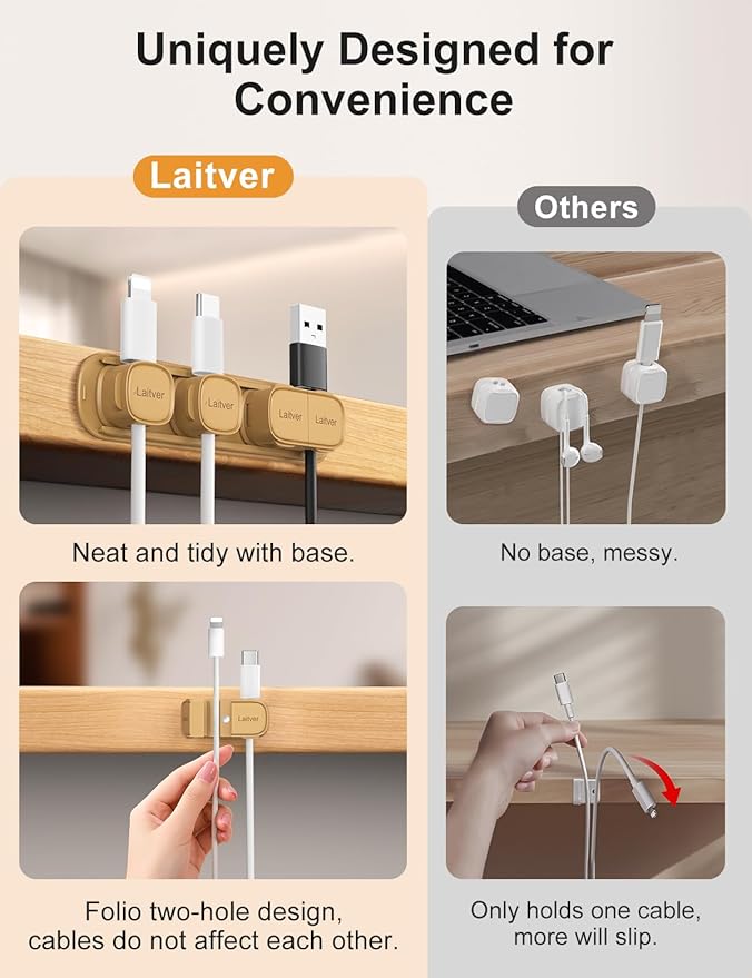 6 Pack Magnetic Cable Clips [1s Open/Lock], Laitver Cord Organizer Holder Strong Adhesive Desk Cable Management- Organize Charging Cords Neatly for Home, Office, Car,Desk, Nightstand-Milk Coffee