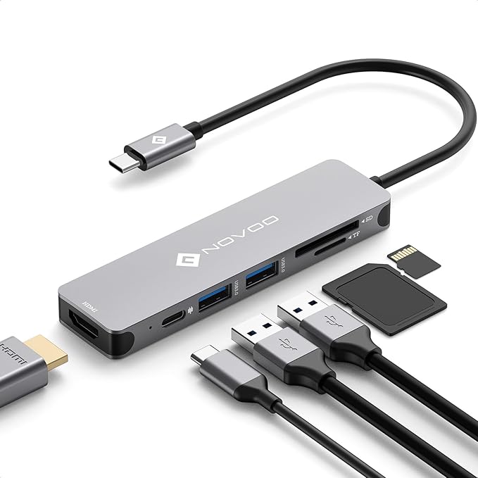 USB C Hub HDMI, MacBook Pro Adapters with 100W PD, NOVOO 6 in 1 Adapter 4K to HDMI, 2 USB 3.0 Ports and SD/TF Cards Reader for iPad Pro/MacBook Pro Air/Type C Devices