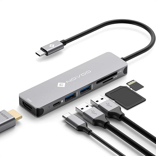USB C Hub HDMI, MacBook Pro Adapters with 100W PD, NOVOO 6 in 1 Adapter 4K to HDMI, 2 USB 3.0 Ports and SD/TF Cards Reader for iPad Pro/MacBook Pro Air/Type C Devices
