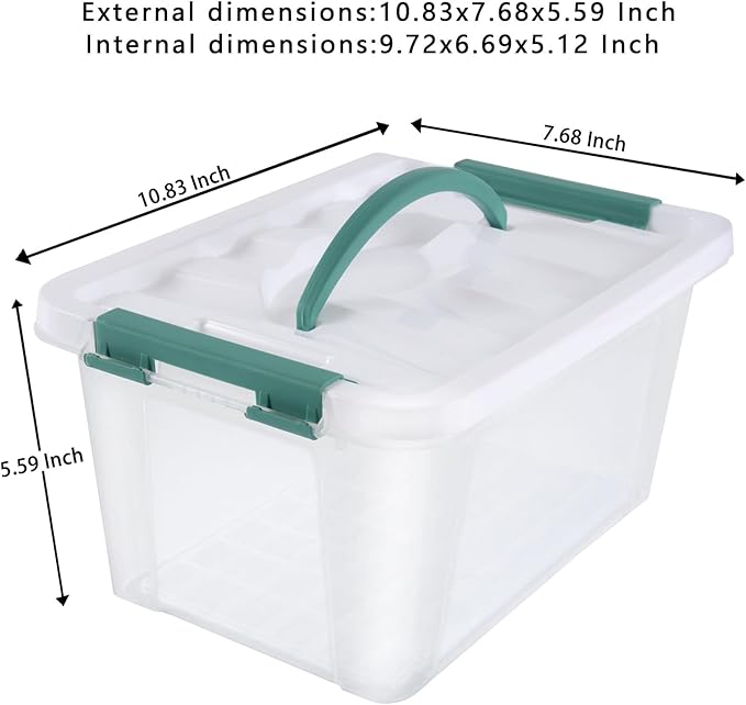 Eslite 6 Quart Plastic Stackable Storage Latch Bins,Clear Latching Box with Handle and Lid,Pack of 6 (Green Handle)