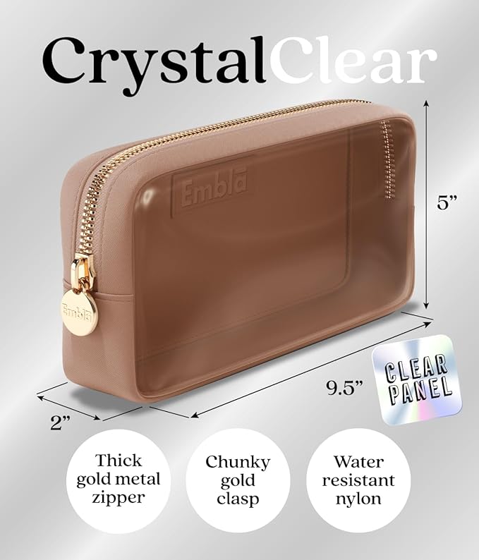 Embla Medium Clear Makeup Bag Travel for Toiletries Cute Make Up Nylon Organizer Pouches Quart Size Cosmetic Bags for Women Girls Zipper Toiletry Skincare Pouch Organizer for Purse Brown
