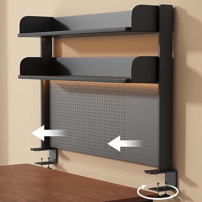 Clamp on Desk Shelf with Pegboard, Black Desktop Bookshelf Organizer Storage Shelves for Home Office Dorm Gaming Desk, Space Saving Tabletop Display Rack Organization (Black, 39.3in)
