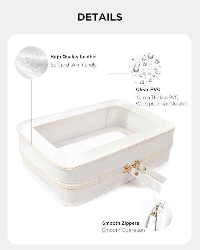 LETGO Clear Makeup Bags, TSA Approved Toiletry Bag with Zipper, Portable Make Up Organizer Traveling Compact Car Bag for Essentials(Clear-White)