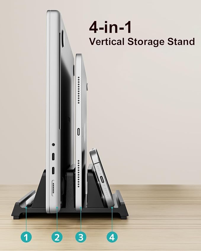 Vertical Laptop Stand for Desk, Dual Slots Plastic Laptop Holder with Space Saving 4-in-1 Design, Adjustable Width Supports MacBook, Chromebook, Surface, Dell (Black)