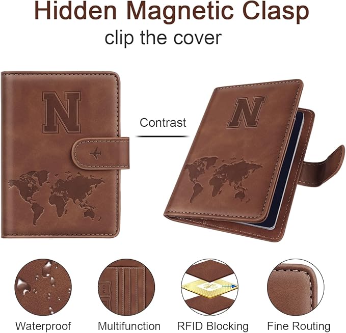 Passport Holder Wallet Cover Personalized Letter A-Z Travel Wallet RFID Blocking Passport Cover Wallet Case for Travel Passport Book Holders for Women and Men, Brown-N