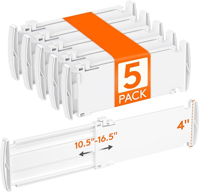 Lifewit 4" Tall 5 Pack Drawer Dividers, 27-42cm/10.5-16.5" Expandable Drawer Divider for Clothes, Adjustable Dresser Drawer Organizers, Drawers Separators for Dresser/Bathroom/Closet/Kitchen White