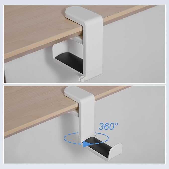 HARFINGTON Headphone Stand Holder 360 Degree Adjustable Clamp Desk Hook Clamp 0.39"-1.65" Clamping Range PC Gaming Headset Stand for Headphone Earphone, White/Black