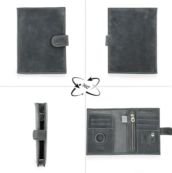 CONTACTS Full Grain Leather Passport Holder with Compatible with Airtag RFID Blocking Passport Wallet Travel Slim Passport Cover with SIM Card Removal Tool (Gray)
