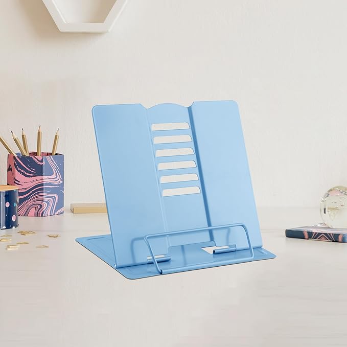 MSDADA Small Desk Book Stand Metal Reading Rest Book Holder Adjustable Cookbook Documents Holder Portable Sturdy Bookstands for Recipes Textbooks Tablet Music Books(Light Blue)