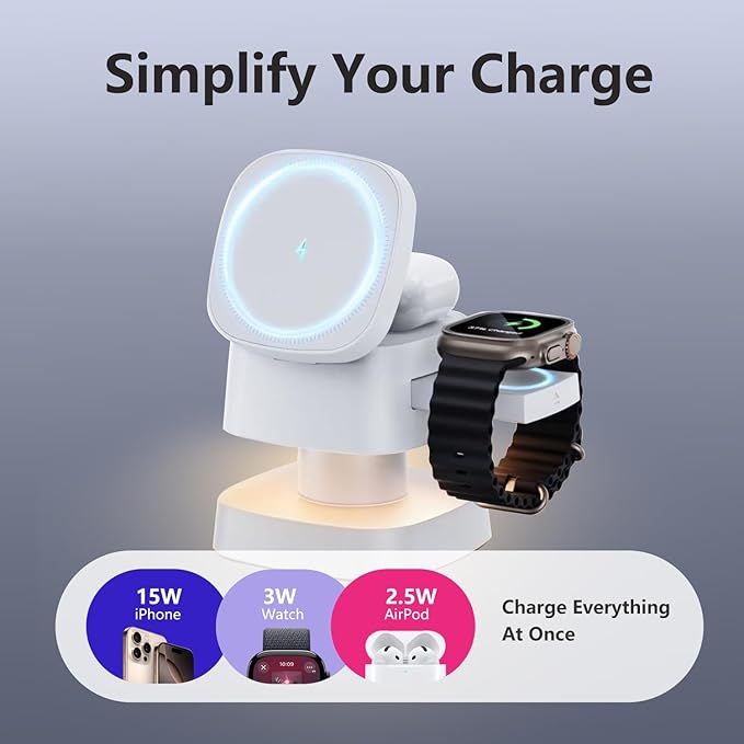 【2026 Upgraded】4 in 1 Wireless Charger, 3 in 1 Wireless Charging Station with Night Light for MagSafe Charger, 15W Magnetic Travel Stand for iPhone17/Air/Pro/Max/16/15/14/13/12, Apple iWatch, Airpods