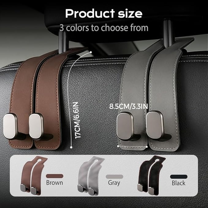 Car Purse Hook, Leather Headrest Hooks for Car, Heavy Duty Car Hooks, Universal Purse Holder for Car Seat, Vehicle Organizer Hanger for Handbag Grocery Bag Backpack Coat (Grey-2sets)